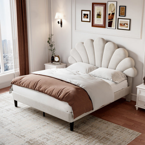 UK Local 4ft6 Double Upholstered Velvet Bed Frame, With Adjustable Chic Petal Headboard, Velvet Platform Bed Frame With Solid Wood Slat, No Box Spring Needed, Easy Assembly, Beige