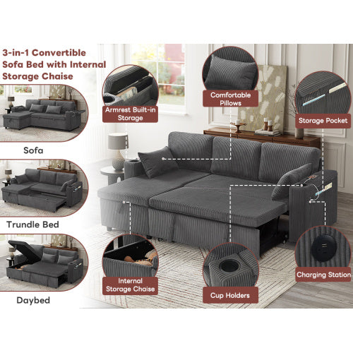 UK Local 3 In 1 Convertible Corduroy Sofa Bed With Storage Chaise, L Shaped Sleeper Sofa Couches With Armrest Storage And Charging Station. Pullout Sectional Daybed For Living RoomBedroomOffice, Grey