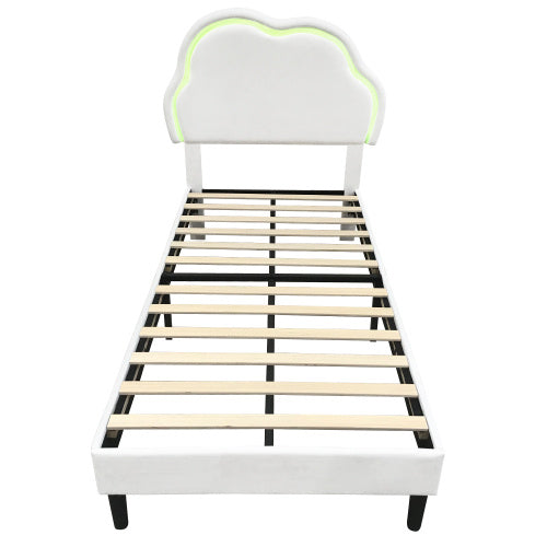 UK Local 3ft Single Upholstered Bed With LED Adjustable Cute Cloud Headboard, Soft Velvet Bed Frame With Solid Wood Slat, No Box Spring Needed, Easy Assembly, Cream White No Mattress