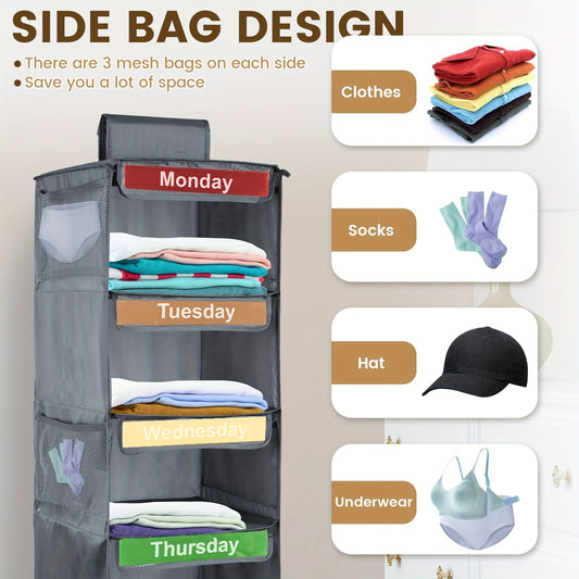 US Local 1 pc 5-Tier Youngsters Clothing Organizer - Weekly Color-Coded Hanging Storage Bags With Durable Nylon Wall-Mounted Shelves For Bedroom, School Dorm, Closet - Organize Clothes, Pants, Underwear, Socks