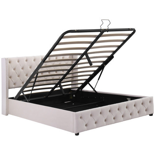 UK Local Upholstered Bed, 135x190, With Hydraulic Lever, Functional Bed From Storage,velvet, Beige