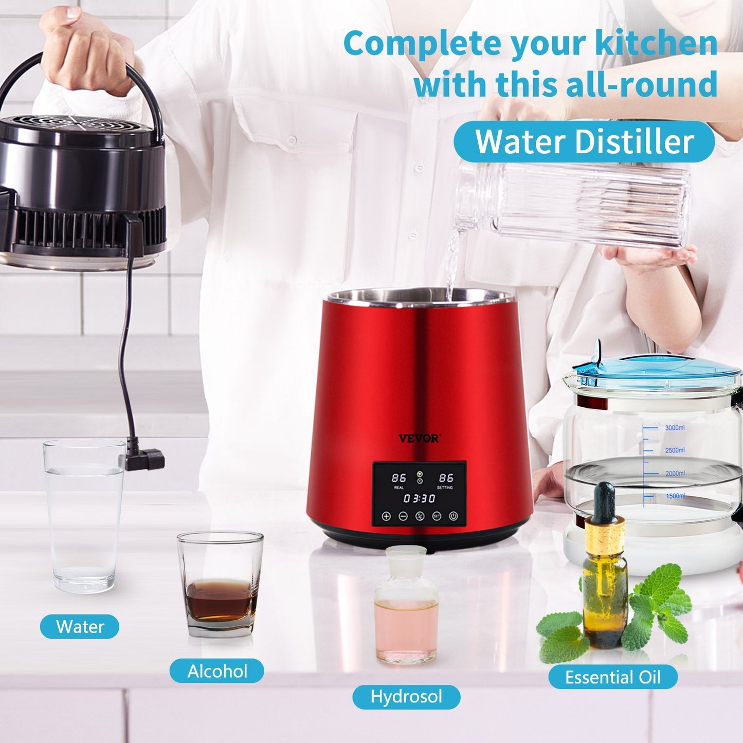US Local 1.1Gal Water Distiller, 750W Distilled Water Maker Machine 0-99H Timing Dual Temp Display, 304 Stainless Steel Countertop Distiller Glass Carafe Cleaning Powder 3 Carbon Packs, Red