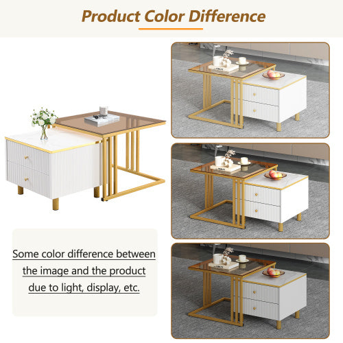 UK Local Coffee Table Set Of 2, Nesting Coffee Table With Marble Pattern, Modern Gold Nesting Side Table, Coffee Table With Drawer, Metal Frame Square End Table, Center Tables For Living Room,Bedroom And Small