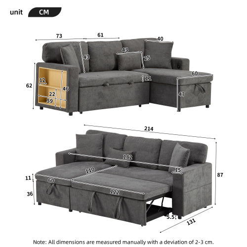 UK Local Corner Sofa Bed Corner Couch L-Shaped Sofa Bed Extendable, Bed Box And Integrated Shelf,