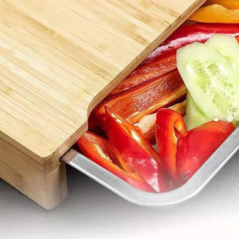 UK Local Bamboo Wooden Chopping Board Cutting Slicing Sliding Stainless Steel Tray