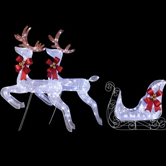 US Local 3-Piece Lighted Set Of 2 Reindeer & Sleigh, Weather Proof Christmas Outdoor Decorations With Pre-lit 270 LED White Lights And Stakes For Xmas Outdoor Holiday Indoor Decor Lighted Holiday Displays, Whi