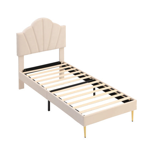 UK Local Velvet Upholstered Bed,Single Bed-3ft 90x190cm, Shell-like Bed With Golden Iron Legs, Height-adjustable Headboard, Wooden Slatted Frame