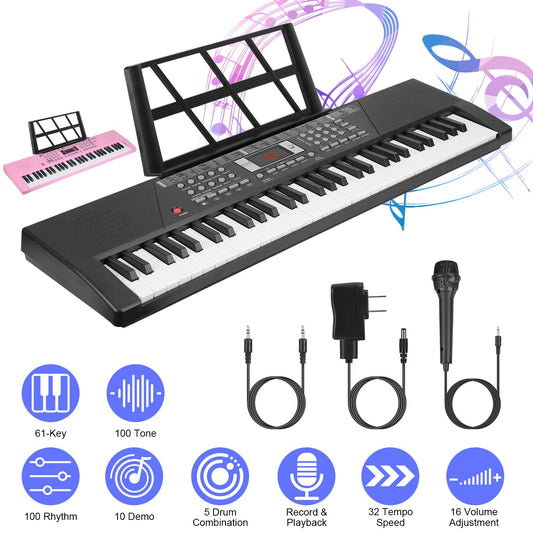US Local 3 Types Options -- 1Pc 61 Keys Digital Music Keyboard Electric Piano Electronic Musical Instrument Kids Learning Keyboard With Microphone Stand For 3-12 Year Old Kids Girls Boys
