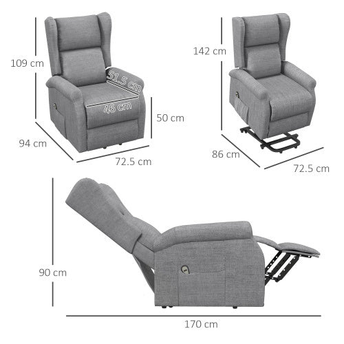 UK Local HOMCOM Power Lift Recliner Armchair, Electric Lift Chair For Elderly, Fabric Riser And Reclining Chair With Remote Control, Side Pockets, Extended Footrest, For Living Room, Grey
