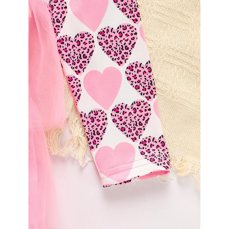 US Local Toddler Girls Outfits Long Sleeve Graphic Heart Print Mesh Tulle Dress Valentine Birthday Party Dresses