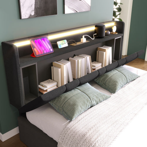 UK Local Upholstered Double Bed With USB Charging Function, Storage Headboard And LED Lighting, 5ft King Size Bed Storage Bed Frame 150 X 200 Cm, Wooden Slatted Frame, Grey No Mattress