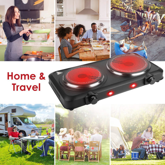 US Local 1Pc 2000W Electric Infrared Dual Burner Portable Heating Hot Plate Stove Countertop RV Hotplate With Glass Cooktop Stepless Temperature Adjustments For Home RV Camp