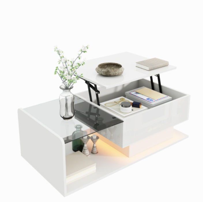 UK Local Coffee Table, High-Gloss White, Side Table, Coffee Table With Glass And LED Effect, With Glass Top
