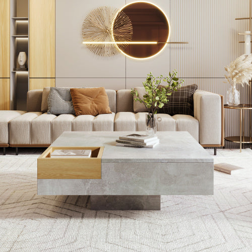 UK Local Coffee Table, Living Room Table, Side Table With Removable Storage Box, Concrete Gray And Wood Color, 72x72x30 Cm