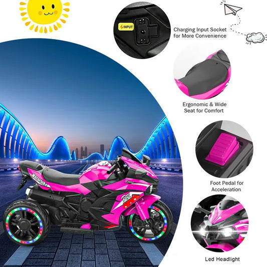 US Local Kids Powered Ride-ons Toy, Kids Motorcycle For 3-6 Years, 12V Electric Ride On Motorcycle With Light Wheel & Bluetooth Music-Pink