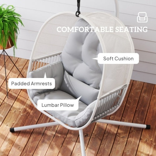 UK Local Outsunny Hanging Egg Chair Outdoor Indoor, Swing Hammock Chair With Stand, Cushions, Lumbar Pillow, Adjustable Height And Steel Frame For Garden Patio Lounge Porch, Light Grey