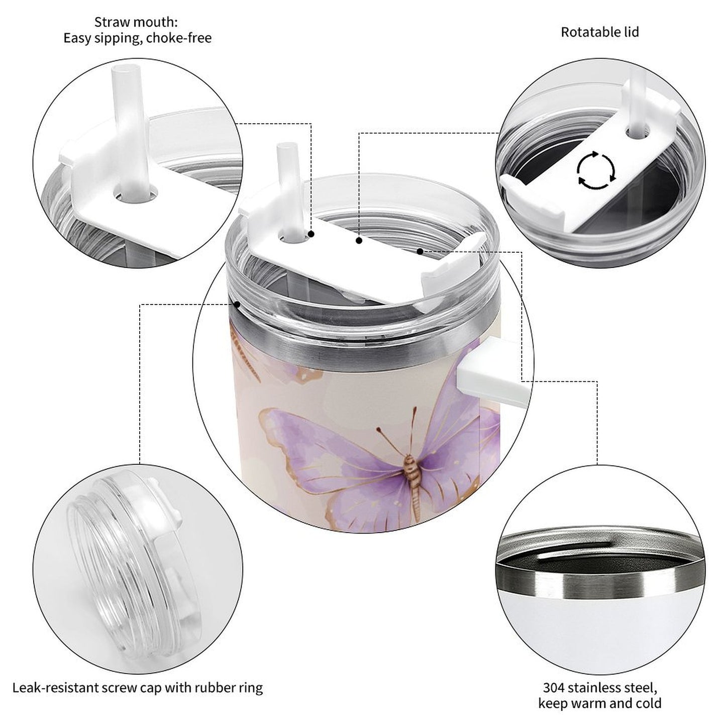 PHDT00496 POD US Local Tumbler 40oz Large Capacity Car Cup Butterfly, Romantic