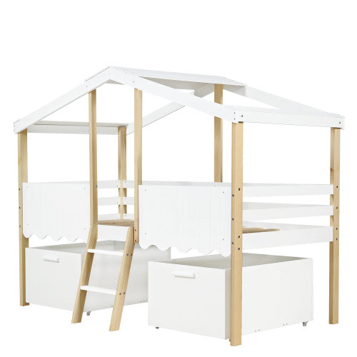 UK Local Wooden Bed, Storage Bed , Children's Bed, 3ft Single Bed 90x190cm, Safety Guardrail, Two Storage Boxes With Wheels, Imitation Roof Shape, Pine Wood Particle Board, WhiteNatural