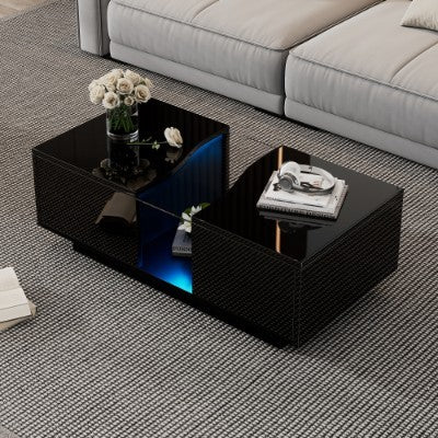 UK Local Led Coffee Table With 2 Drawer Storage, High Gloss Coffee Table For Living Room Unique Shape Centre Table With 16-Color Led Lights,End Table For Home Office Furniture, Black