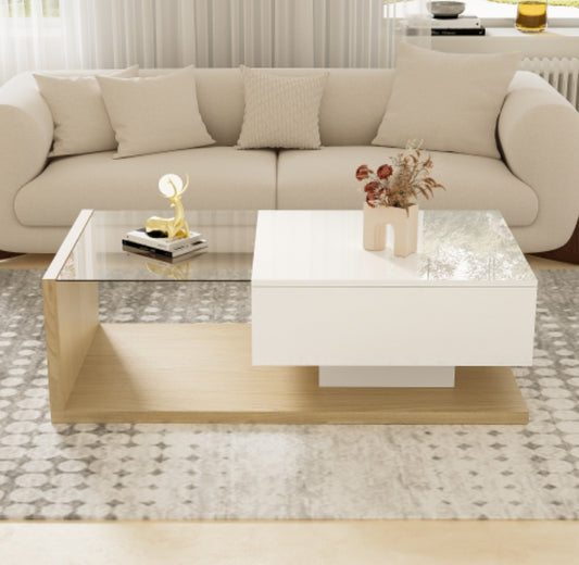 UK Local Coffee Table In High Gloss White And Wood Color Combination. Side Tables, Coffee Tables With Glass And LED