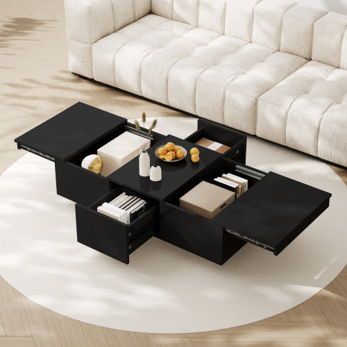 UK Local Coffee Table, Black High-Gloss Living Room Table With Push-Pull Storage Structure, Double-Sided Drawers