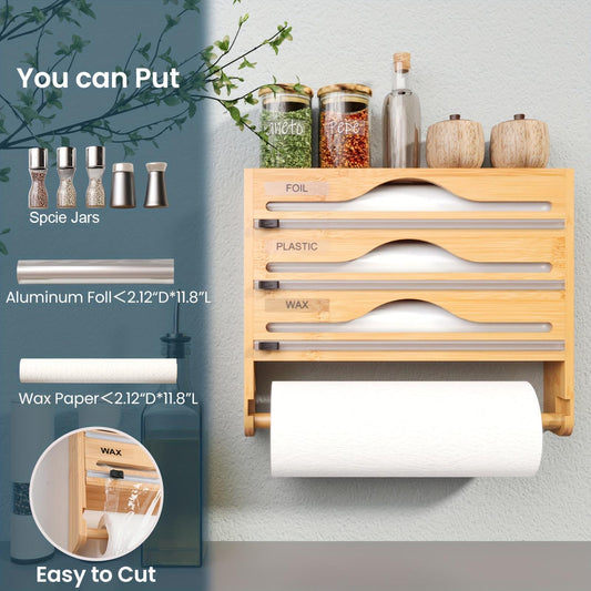 US Local Bamboo Plastic Wrap Cutter With Paper Towel Holder Kitchen Wall-mounted Tinfoil Cutter With Three-grid Cutter And Paper Towel Storage Rack