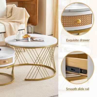 UK Local White Two-piece Coffee Table Set With Rattan Drawers, Gold Accents And Marble-style PVC Sticker Tabletop
