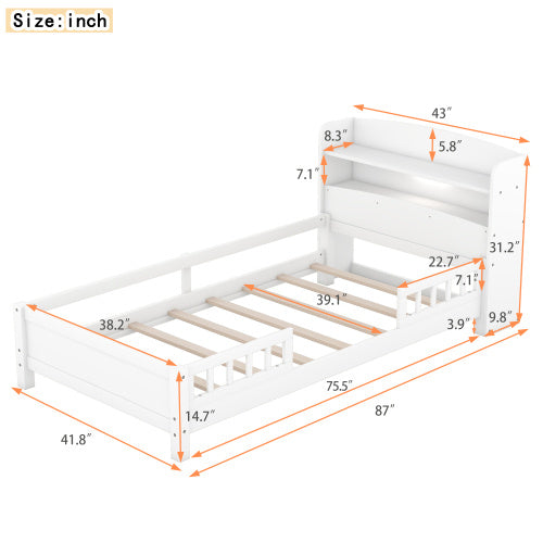 US Local Wood Twin Size Platform Bed With Built-in LED Light, Storage Headboard And Guardrail, White