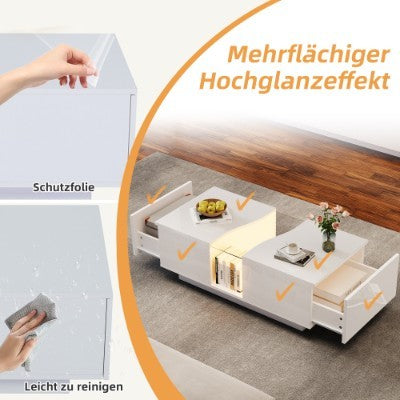 UK Local Led Coffee Table With 2 Drawer Storage, High Gloss Coffee Table For Living Room Unique Shape Centre Table With 16-Color Led Lights,End Table For Home Office Furniture, White
