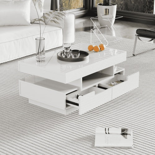 UK Local Coffee Table, High-Gloss Surface, With LED Light Strip, Four Drawers Front And Back, Large Storage Space