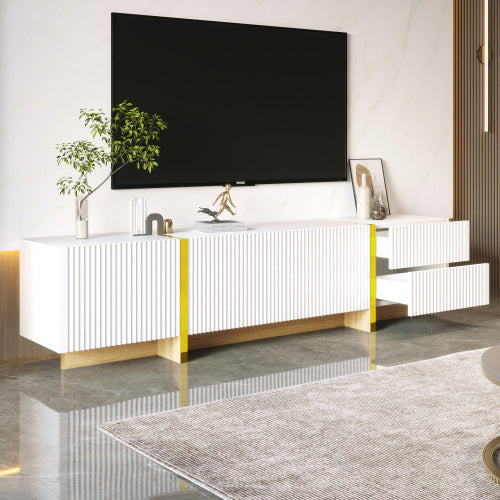UK Local 190 Cm TV Cabinet, 3 Doors, 2 Drawers, White With Gold And Wood Grain