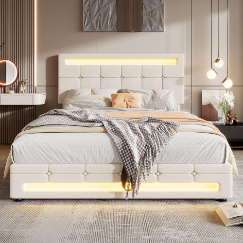UK Local Upholstered Bed, Hydraulic Bed, Adults Teenagers 4ft6 Double Bed 135x190cm, Square Embellishment, With 7colors LED-light Strips, Velvet Iron, Beige