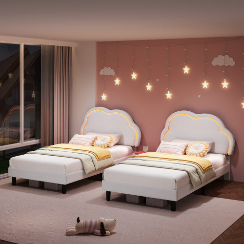 UK Local 3ft Single Upholstered Bed With LED Adjustable Cute Cloud Headboard, Soft Velvet Bed Frame With Solid Wood Slat, No Box Spring Needed, Easy Assembly, Cream White No Mattress