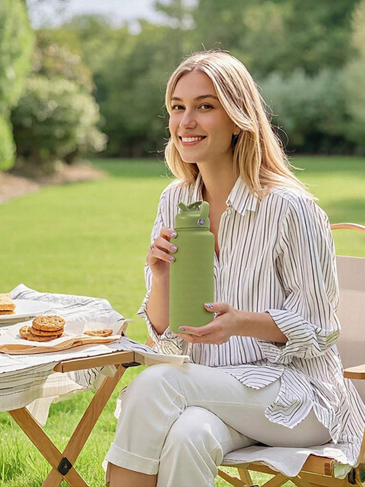 US Local Sports Water Bottle With Portable Handle, Straw, Stainless Steel, American-style, Wide-mouth, Thermal Insulation Cup