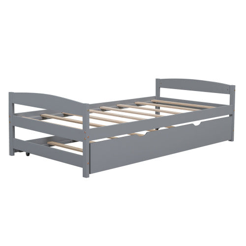 US Local Twin Size Platform Bed With Twin Size Trundle, Gray