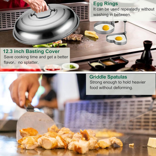 US Local Grilljoy Griddle Accessories Set With Robust Plastic Handle, All-in-One Griddle Tools Kit For Flat Top Grills Teppanyaki Hibachi, Stainless Steel Grill Spatula Kit For Outdoor Camping Grilling