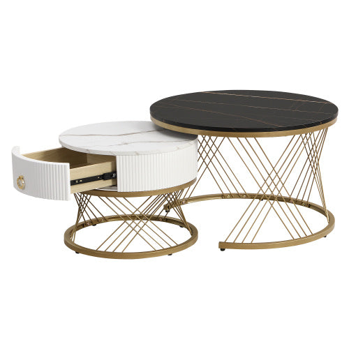 UK Local Elegant Nesting Coffee Table Marble Look Gold Decor,Side Table With Drawers Set Of 2