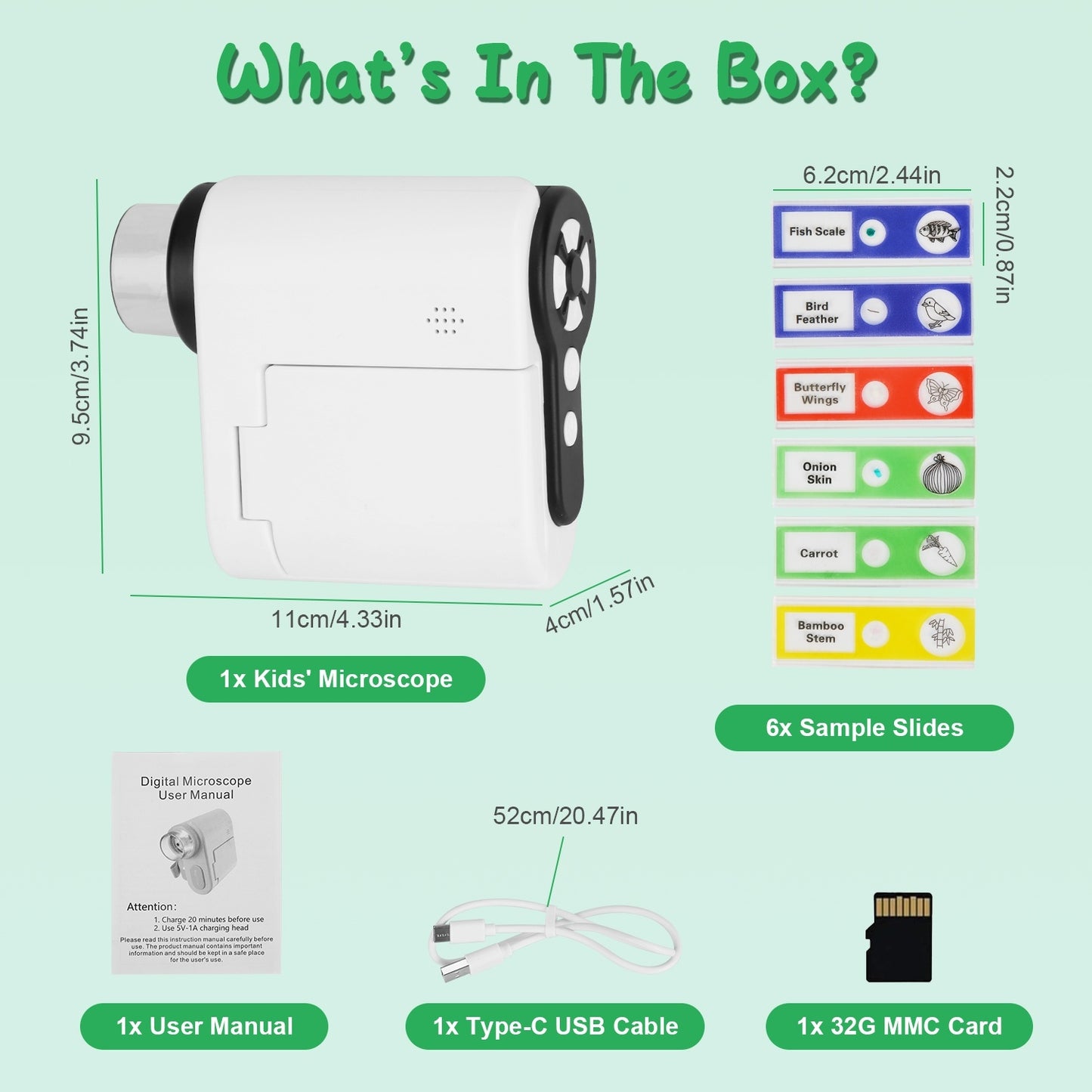 US Local 1Pc 3 In 1 Kids Microscope Telescope Camera 1,000X Handheld USB Mini Microscope With LED Light 6 Sample Slides 32G MMC Card For Boys Girls Aged 6 Years Old