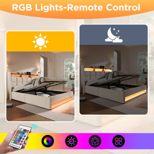 UK Local Upholstered Double Bed 180 X 200 Cm Cm With LED Lighting, USB Type-C Charging Function, Storage Headboard, 6FT Super King Size Storage Bed Frame With Metal Slatted Frame, Linen, Beige No Mattress