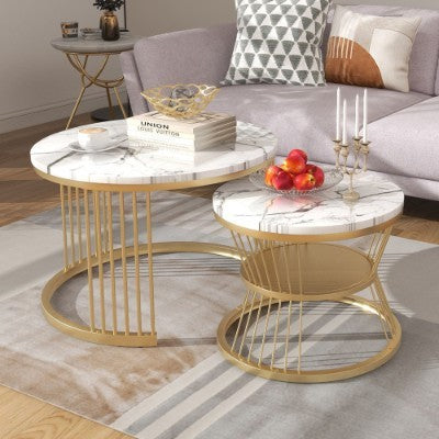UK Local Round Coffee Tables, Removable Set Of 2 End Table, Nesting Tables With Gold Metal Frame Legs And Marble Pattern Top For Living Room, Bedroom, Office, Balcony, Apartment