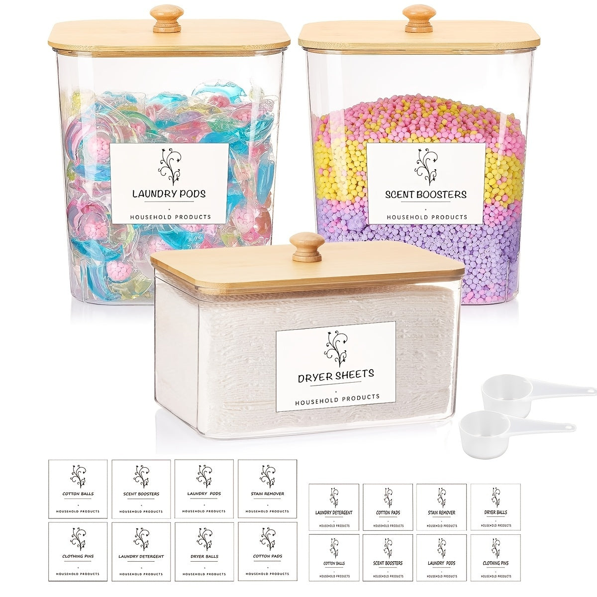 US Local 3-Pack Laundry Room Organization Storage Boxes, Clear Laundry Bead Containers And Dryer Sheet Holders Set With Lids And Labels For Detergent, Washing Powder, Dryer Balls, Laundry Beads