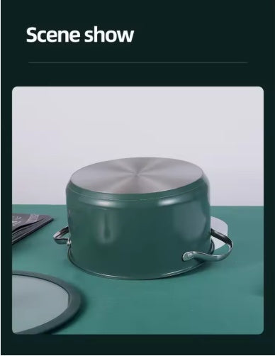 US Local 4 pcs Stainless Steel Ceramic Coated Pot Set, Including 1 Milk Pot, 2 Stockpots, 1 Non-stick Pan, 4 LIDS And 1 Steamer Green