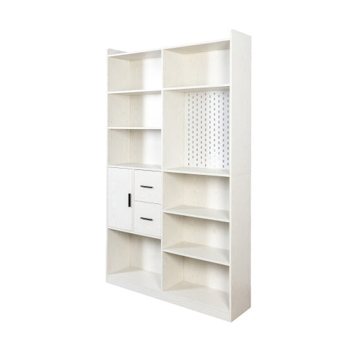 US Local Bookshelf And Bookcase With Pegboard And Drawer, 9 Cubby Display Book Shelves, Modern Wide Wood Shelving Unit For Living Room, White