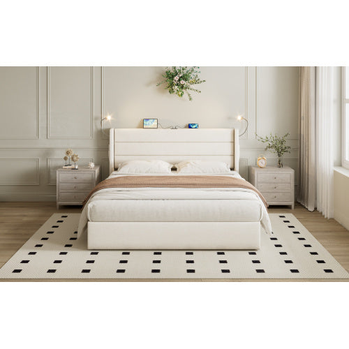 UK Local King Upholstered Bed With Charging Station, Linen Hydraulic Storage Bed With Adjustable LED Reading Light, 5ft Double Bed Frame With USB And Type C Ports, No Box Spring Needed, Beige