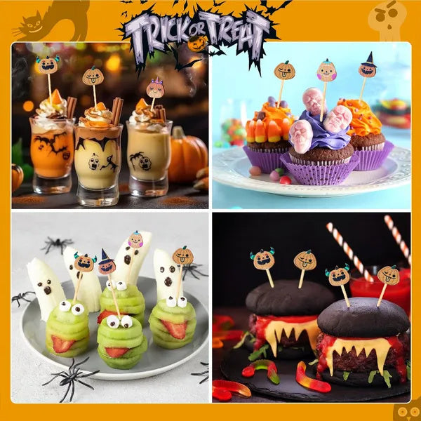 Halloween Pumpkin Cocktail Picks 5 Inch Bamboo Fancy Toothpicks For Appetizers, Decorative Fall Halloween Thanksgiving Party Food Drinks Garnish Fruit Skewer Sticks Multi-item Party Favor Pack