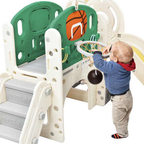 UK Local Children's Combo Slide, Features A Long Slide, Storage Box, Tunnel. Stair Ladder, Basketball Hoop And Passage Area.Toddler Slide. Easy Assembly And Convenient Storage. High-Quality Materials-HDPE.