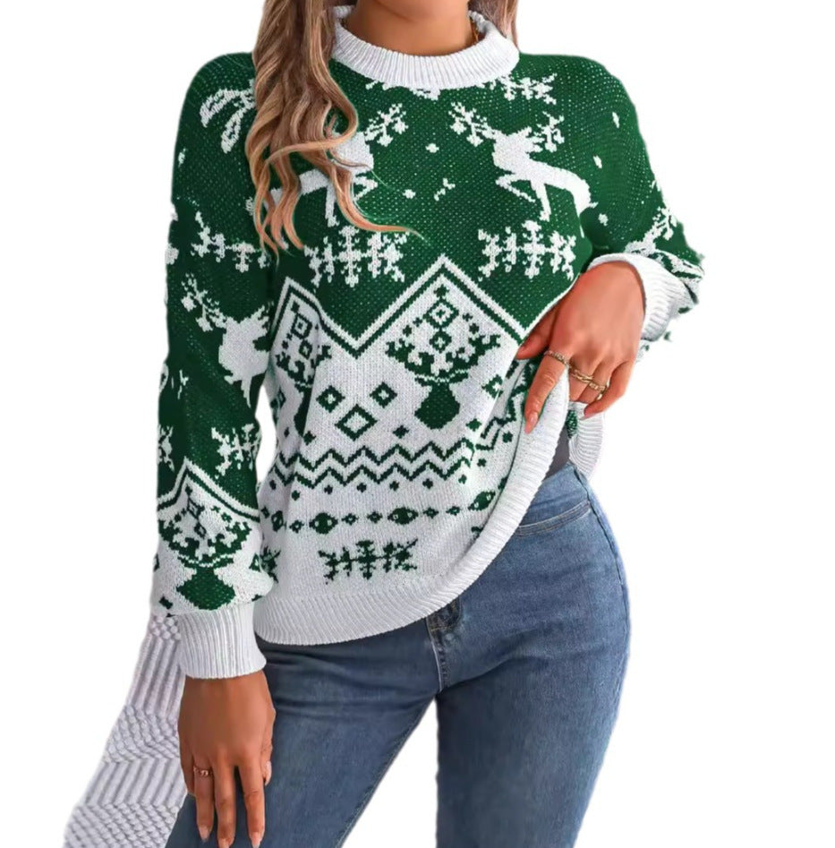 New Year Autumn Winter Casual Deer Pattern Long Sleeve Hoodie Sweater Christmas For Women Red Green Knitted Pullover Jumper