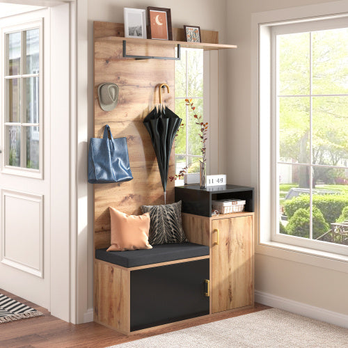UK Local Wardrobe Set, With 4 Coat Hooks, Mirror, Shoe Cabinet, Wall-mounted Coat Rack, Upper Storage Shelf, Hallway Wardrobe With Bench Seat.