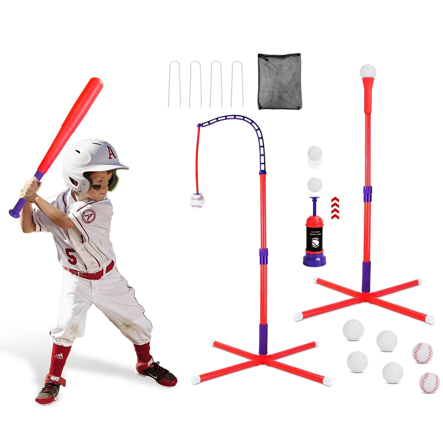 US Local 1Set 3 In 1 Baseball Toy Set For 3 To 5Years Old Kids And Toddlers Includes Tee Ball Stand Hanging Tee Automatic Ball Launcher With Adjustable Height For Indoor Outdoor Play Perfect Gift