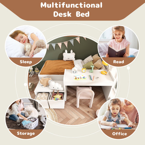 UK Local Kids Single Bed With Desk And Drawers, 90 X190 Cm, White, 3ft Kids Wooden Bed With Storage, Single Bed With Slatted Frame, Lying Surface For Teenagers & Adults